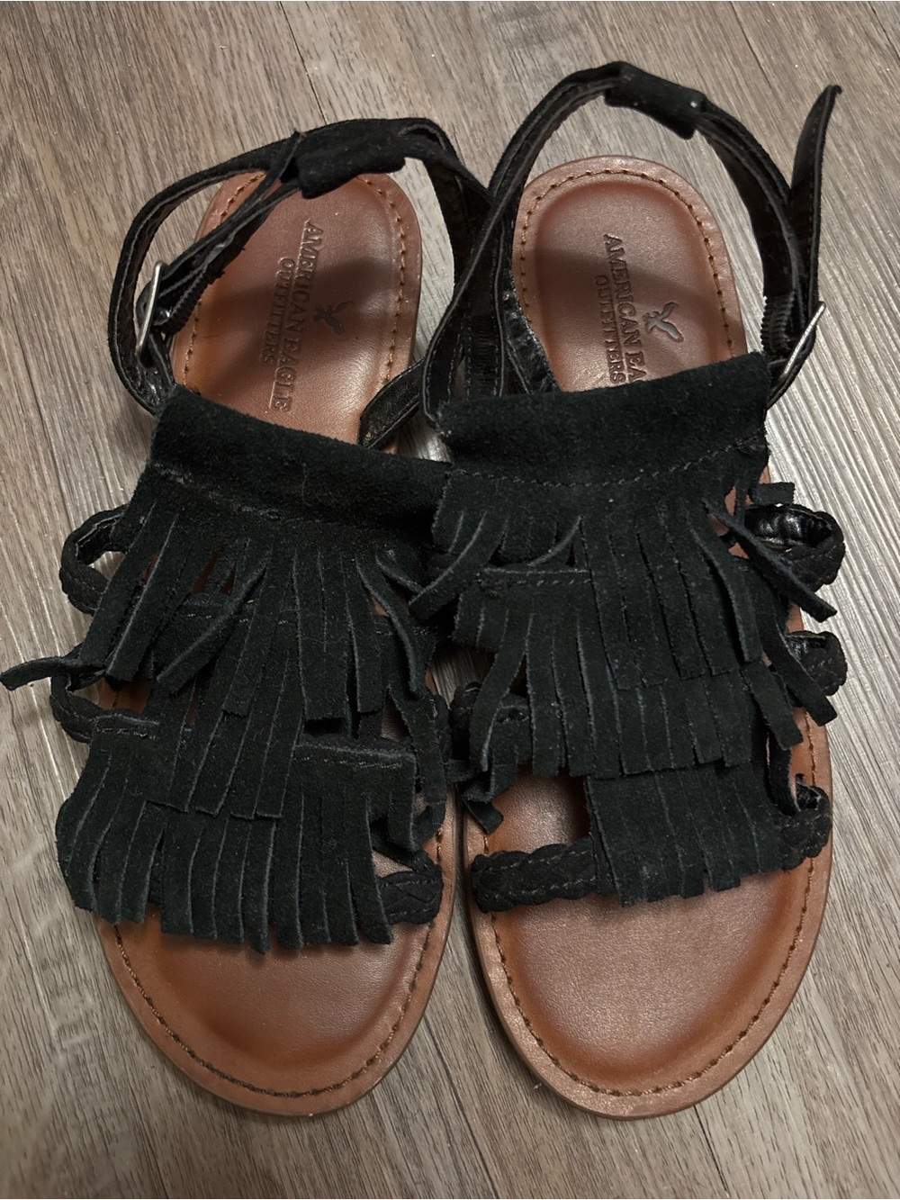 American Eagle Outfitters Black Fringe Leather Sandals